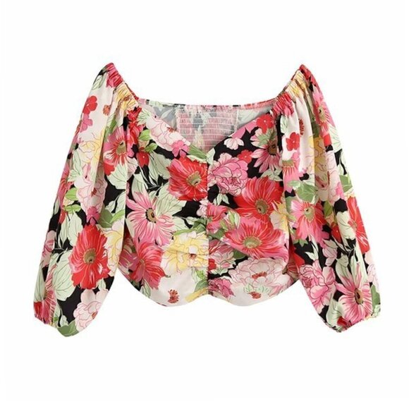 Zara Tops - Zara Floral Puff Sleeve Smocked Back Crop Top